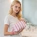 THOVSMOON Quilted Makeup Bag for Women, Stripe Cosmetic Pouch with Tassel Zipper Travel Toiletry Organizer (White-Pink)
