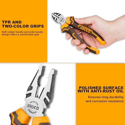 INGCO 3PCS Pliers Set Hand Tools Set, 8" Combination Plier and 6" Diagonal Cutting Plier and 6" Long Nose Pliers 4 INGCO 3PCS Pliers Set Hand Tools Set, 8" Combination Plier and 6" Diagonal Cutting Plier and 6" Long Nose Pliers - Image 4