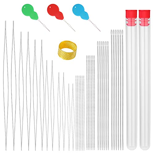 42 Stück Perlennadeln Set, 12 Stück Große Auge Nadeln zum Perlen Auffädeln, 24 Stück Langen Gerade Perlen Nadel und 2 Stück Flasche, Fingerhut