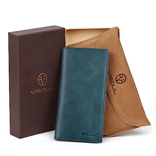 Image of VISOUL Leather Checkbook Cover Wallet for Men with RFID Blocking, Mens Long Bifold Cash Tall Wallet with 11 Credit Card Slots 1 ID Window (Dark Blue)