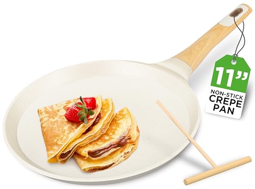 Nutrichef Non-Stick Crepe Pan with Wooden Spreader, 24cm Marble Coated Pancake Pans for Stove Top, Induction Compatible, Bakelite Handle, PFOA/PFOS Free, Dishwasher Safe, White Cream