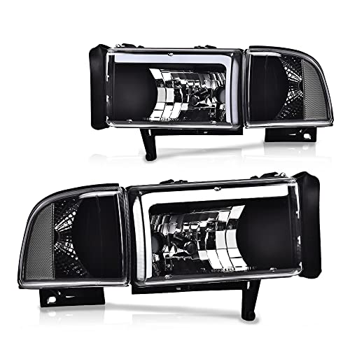 Image of GRAND ORANGE Led Drl Headlights Assembly, Compatible with Dodge Ram 1500 2500 3500 1994 1995 1996 1997 1998 1999 2000 2001 2002 Clear lens Black Housing Clear Reflector