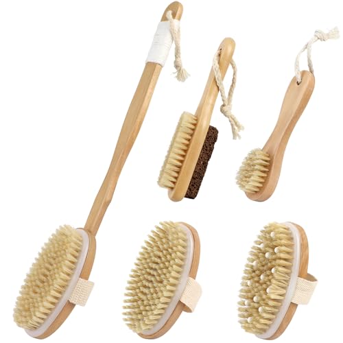 5 piezas Juego de cepillos corporales Dry Brush, Uso Seco y Húmedo, Desmontable Cepillo Espalda Ducha de Madera, Juego de spa con cerdas naturales - 41 cm Exfoliante de espalda de mango largo