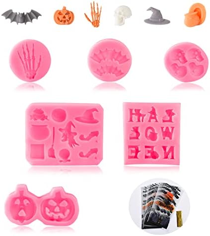 6PCS Halloween Silicone Molds, Skull Hand Bat Shape Silicone Fondant Candy Molds for DIY Chocolate, Cake, Pudding, Ice Cream, Epoxy Resin Mould (Pink, with 60 Candy Bags & 7 Halloween Elements)