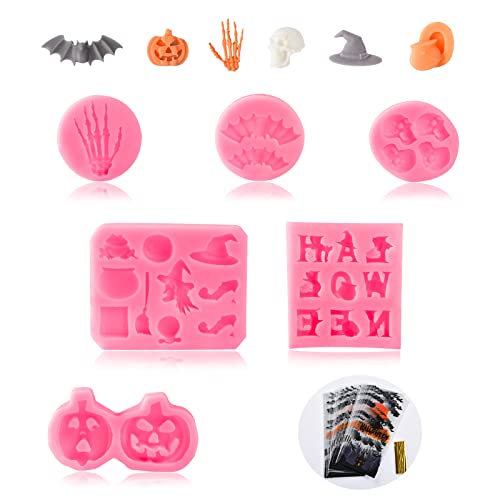 6Pcs Halloween Silicone Molds, Skull Hand Bat Shape Silicone Fondant Candy Molds For Diy Chocolate, Cake, Pudding, Ice Cream, Epoxy Resin Mould (Pink, With 60 Candy Bags & 7 Halloween Elements) #TOP4
