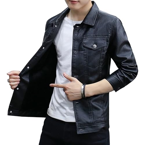 Men Shirt Style Leather Jacket Male Vintage Faux Lambskin Pu Jackets Flip Collar Trucker Leather Coat Single-Breasted