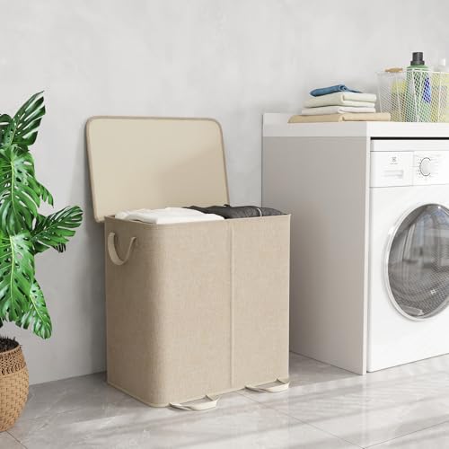 Lifewit Double Laundry Hamper with Lid and Removable Laundry Bags, Large Collapsible 2 Dividers Dirty Clothes Basket with Handles for Bedroom, Laundry Room, Closet, Bathroom, College, Beige by Lifewit - Image 6