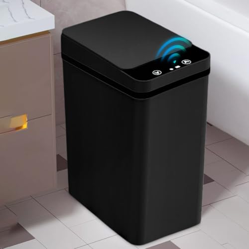 Zinueen Pattumiera da bagno con sensore da 12 l, colore nero, con tecnologia sensore, touchless e impermeabile, per ufficio e bagno, pattumiera con coperchio e funzione no rumore