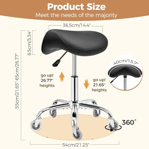 Image of BEWISHOME Ergonomic Saddle Stool, Height-Adjustable Rolling 360 Swivel Saddle Chair with Thickened Saddle Seat Padding, Saddle Stool with Wheels for Salons, Spas, Office, Black BMD02B