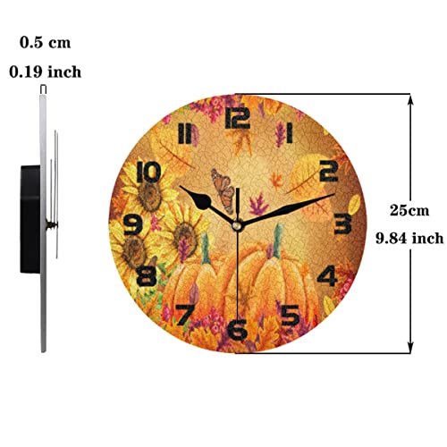 Auuxva A-0004-002-0250-1-22BH-007K Thanksgiving Pumpkin Maple Wall Clock Silent Non-Ticking,Sunflower Butterfly Fall Round Wall Clock Battery Operated Clock Decor thumb #1