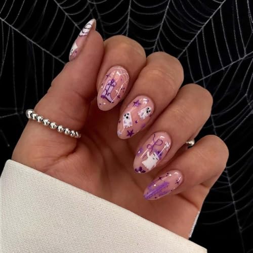 Halloween Press on Nails Almond Purple Halloween Fake Nails Full Cover Ghost Cobweb Glue on Nails Halloween Medium Length with Glitter Design False Nails for Women Nail Decor 24Pcs