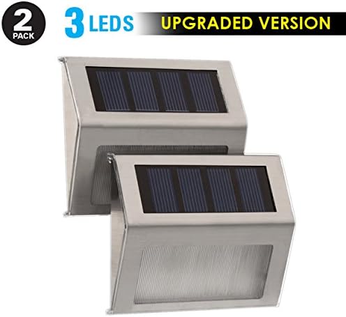 Humabuilt 3 LED Solar Powered Stainless Steel Stairway Lights.Bright/Cool White Light - Modern Lighting For Your Deck, Staircase, Walkway, Patio, Garden, and Landscaping - 2 Pack
