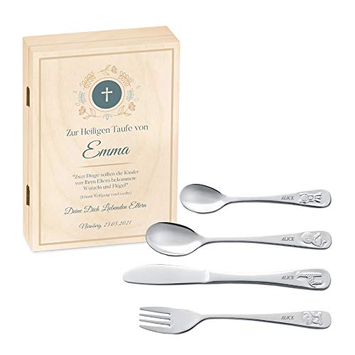 Maverton Kinderbesteck Set mit Gravur + Holzbox mit Aufdruck - mit Tieren - aus Edelstahl - Weihnachtsgeschenke - Braun - Geschenk für Mädchen zum Geburtstag zur Taufe Geburt - Kreuzchen