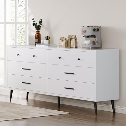 DWVO White 6 Drawers Dresser/Modern Wood Dresser Chest of Drawers with Black Metal Handle&Anti-Tipping Device/Modern Double Drawer Storage Cabinet for Entryway/Living Room-15.7" Dx55.1 Wx31.1 H