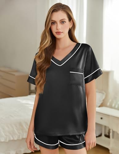 Image of Silk Pajamas for Women Short Sleeve Satin 2 Piece Pj Set Soft V Neck Sleepwear Loungewear, S-XXL