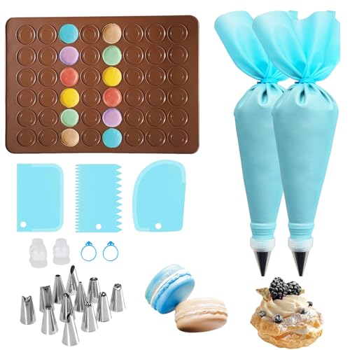 TenaLucy Tapis de Cuisson pour Macarons,39 * 29cm Tapis pour Macarons Silicone 48 Puits Tapis de Cuisson Silicone,kit patisserie avec 2 Poche À Douille...