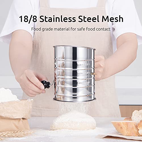 Image of U-Taste Stainless Steel 3 Cup Flour Sifter with 4 Wire Agitators for Quick Sifting, 1 Cushion Ring, Crank Plastic Handle, Stamped Measurement, 20 Fine Mesh for Baking Flour, Powered Sugar