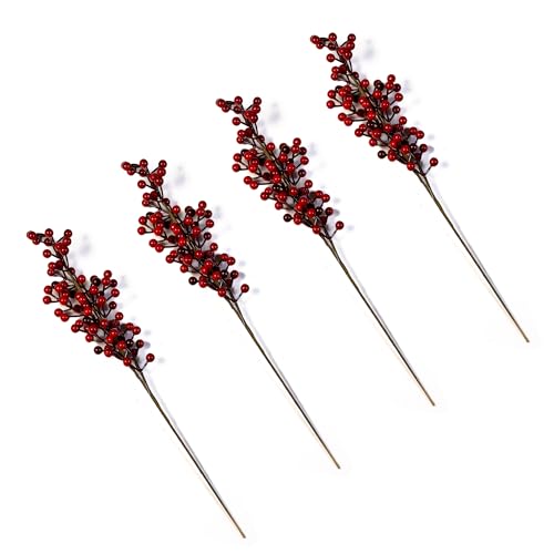 Kunstzweig mit roten Beeren 53 cm - 4 Stück – künstlicher Strauch für Weihnachtsdeko, Winterarrangements & Gestecke – Deko-Zweig rot 53 x 12 x 5 cm für Vase, Adventskranz & Tischdekoration
