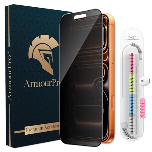 Image of ArmourPro Matte Privacy Tempered Glass for iPhone 17 Pro, Anti-Spy Anti-Glare Screen Protector, Edge-to-Edge Full Coverage, 9H Anti Scratch, Smooth Touch, Easy Installation Kit with Cable Protector