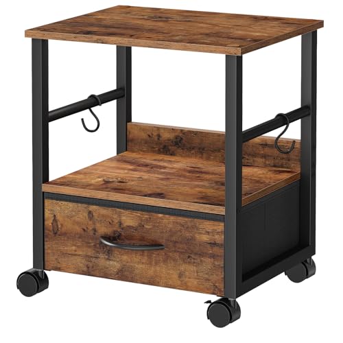 Image of HOOBRO 2-Tier Printer Stand with Drawer, Under Desk Printer Table, Printer Cart with Storage, with Casters/Adjustable Feet, for Home Office, Study, Living Room, Rustic Brown and Black EBF20PS01