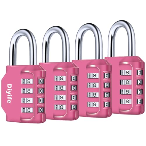 Image of 4 Digit Combination Padlock, Diyife Weatherproof Outdoor Password Padlock | Resettable Combination Lock, High Security for School Gym Sports Lockers, Tool Boxes, Basement (4 Pack, Pink)