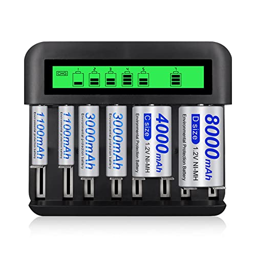 Zjyufy Chargeur de batterie universel – Chargeur de batterie 8 baies avec écran LCD pour piles rechargeables AA/AAA/C/D, chargeur rapide de batterie AA AAA