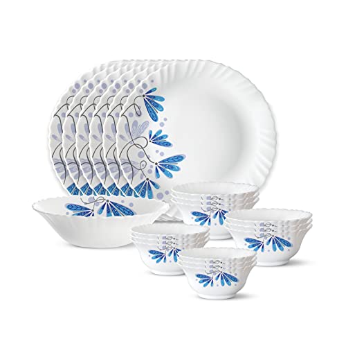 Larah by Borosil Twilight Silk Series Opalware Dinner Set | 19 Pieces for Family of 6 | Microwave & Dishwasher Safe | Bone-Ash Free | Crockery Set for Dining & Gifting | Plates & Bowls | White
