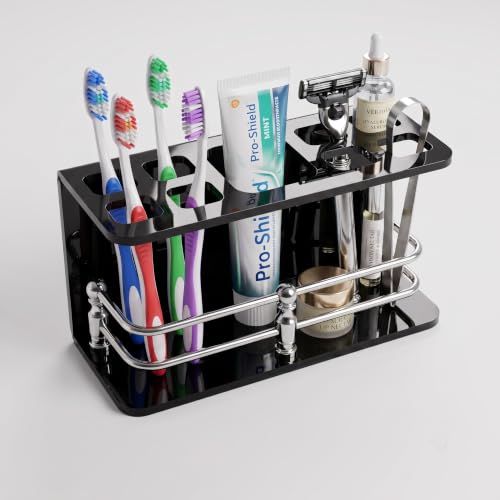 Image of self Adhesive Wall Mounted Acrylic Toothpaste Holder,Toothbrush Stand,Toothpaste Tubler for Bathroom Organizer Rack for Home(Black Acrylic) (Full S.S Black)