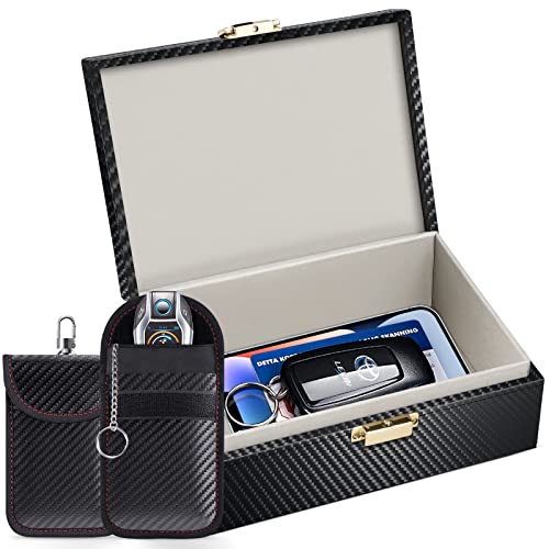 Caja Faraday & 2 Funda Faraday para Llaves de Coche, Bloqueadora de RFID Bloqueo Señal Llaves en Cuero Fibra de Carbon Negro -L Cover