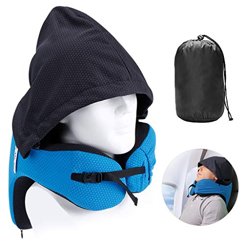 LANGRIA Travel Pillow with Hood - 6 in 1 Memory Foam Neck Support Adjustable Car Cushion with Carry Bag for Adult Plane Flight, Blue Washable Ergonomic Hoodie Cover for Airplane Train Subway