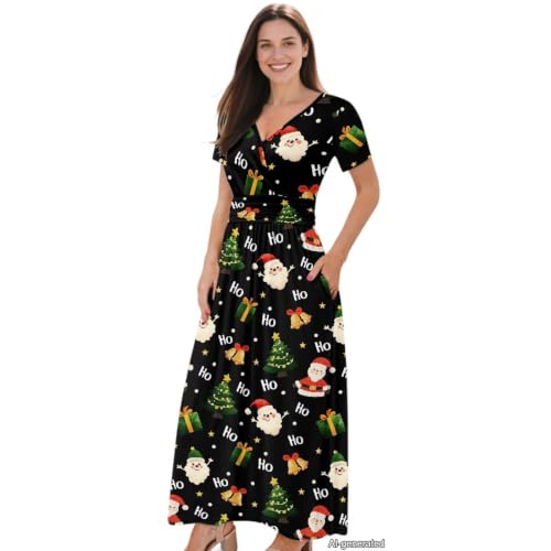 Image of Women's Fall Summer Short Sleeve Ankle Length V-Neck Party Dress with Pockets Size S-3XL