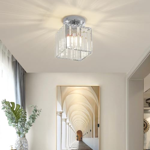 Sxtiger Lampada da Soffitto di Cristallo Moderna,E27 Mini Lampada da Soffitto in Cristallo Quadrato Argento, per Corridoio, Soggiorno, Camera da Letto, Cucina, Ingresso Lampada (Argento)