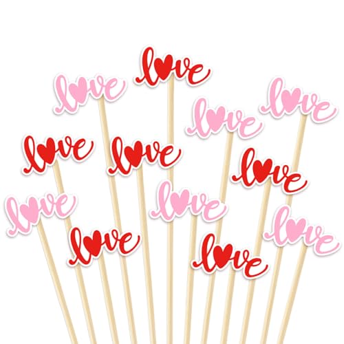 JarThenaAMCS 100 Pcs Valentine's Day Cocktail Picks Red Pink Love Heart Long Toothpicks for Food Fruit Drink Dessert Valentines Wedding Anniversary Party Decor Supplies