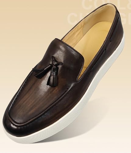 Santimon Men’s Leather Penny Loafers with Tassels – Stylish Slip-On Dress Casual Shoes, Classic & Comfortable for Business, Weddings, and Casual Wear2