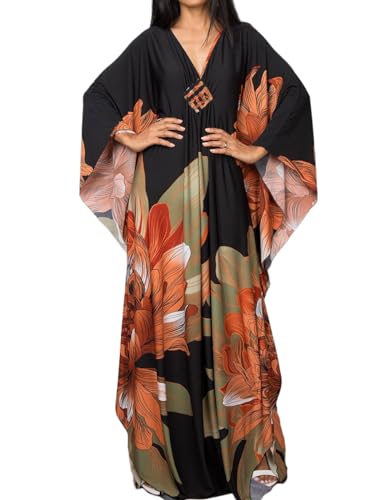 Bsubseach Women Ethnic Print Kaftan Beach Dress Plus Size Swimsuit Cover Up Orange Green Flower