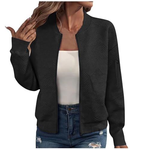 Bomber Jackets Women Lightweight Zipper Jacquard Outerwear Coat Trendy Fall Shacket with Sleeve Pocket