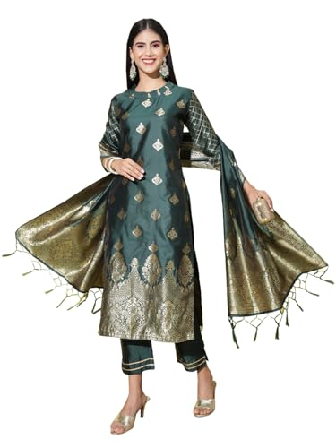Image of VredeVogel Women's Cotton Silk Jacquard, Banarasi Silk Kurta Pant With Dupatta Set