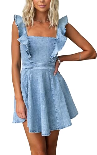Women’s Summer Ruffle Sleeveless Adjustable Strap Denim Mini Dress Casual Backless A Line Short Dress