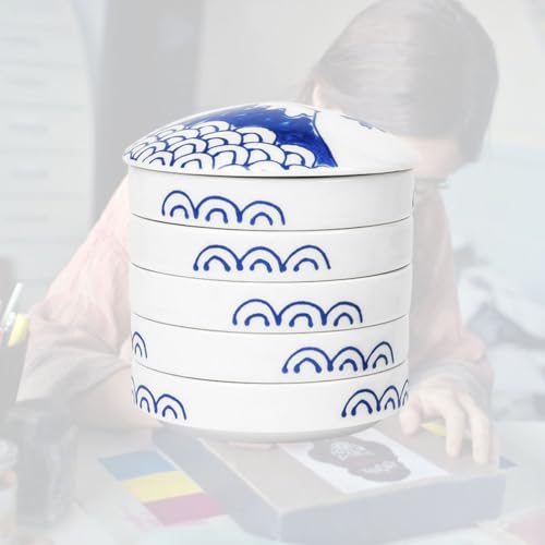 Paleta de acuarelas cerámica azul redonda con tapa bandeja de pintura de 5 niveles para dibujo 3