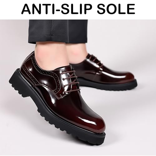 Image of Men's Patent Leather Lace Up Platform Work Oxfords Round Toe Slip Resistant Low Top Lug Sole Brogues Dress Shoes Comfortable Business Formal Shoes
