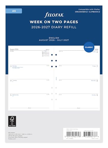 Filofax A5 week on two pages mid year August 26 - July 27 diary refill 27-68562