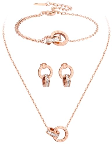 Dainty Necklace Bracelet Earrings Set for Women Gold Silver Rose Gold Diamond Interlocking Circle Jewelry Set for Sister Mom Gift