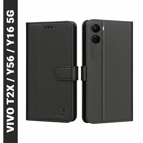 Image of AIBEX Shock Proof Flip Compatible for Vivo Y56 5G / Vivo T2x 5G / Vivo Y16 4G Flip Cover Leather Finish | Inside TPU with Card Pockets | Wallet Stand | Complete Protection Flip Case - Black