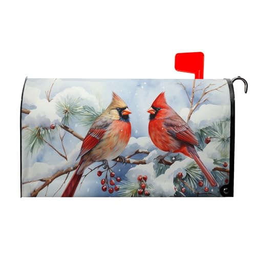 Image of Winter Cardinal Red Birds Magnetic Mailbox Cover Standard Size 18 inch X 21 inch Holly Berry Branches Snow Mailbox Wrap Christmas for Outdoor Post Letter Box Decor