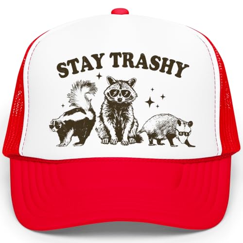 Image of Stay Trashy Funny Raccoon Graphic Classic 5 Panel Mesh Snap Back Trucker Hat