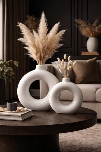 Image of Modern Ceramic Donut Vase Set of 2 (White) | Minimalist Ring Shape Decorative Flower Vase for Living Room, Bedroom, Office & Table Decor (5,6 Inch)