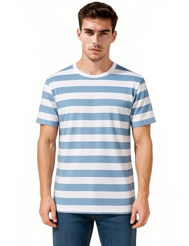 Zecmos Mens Stripes T-Shirts Casual Slim Fit Tshirts Striped Tees Top Blue XL