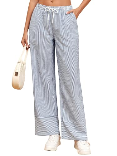 ZAFUL Fashion Striped Pajama Pants Women Y2K Lightweight Beach Pants Pockets Casual Loose Fit Petite Trouser,Blue02,XL