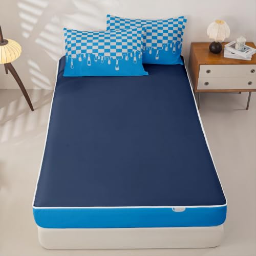 Image of Cyan Teal Checkered Zipper Bedding Full SizeGingham Checkerboard Drip Zip Up Bedding Set for Teens Adults, Vintage Aesthetic Trendy Modern Geometric Bed in a Bag Grid Plaid Comforter Set with Sheets