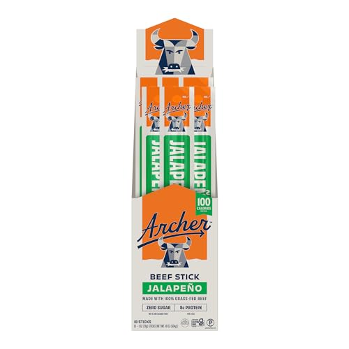 Archer Jerky Beef Jerky Sticks Jalapeno - Grass Fed Beef Sticks Individually Wrapped, Bulk, Protein Snack Packs, Gluten Free, Paleo, Keto, Sugar Free - 1 oz Each (Pack of 18)